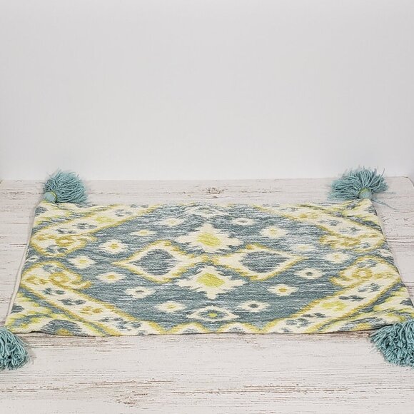 Cotton Blend Tapestry  Blue & Lime Tassled Zippered Pillow Cover Sham  24 X 13.5 - Picture 1 of 7